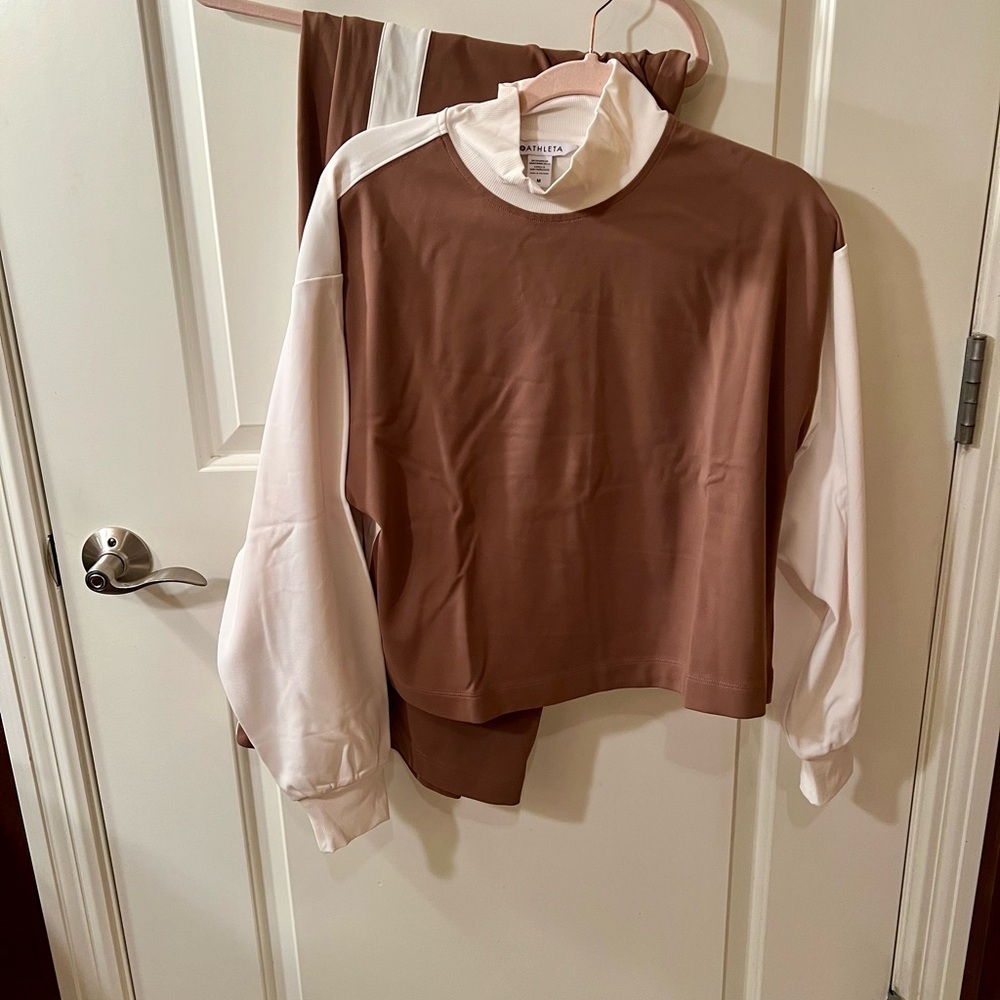 Brown and White Long Sleeve Top and Pants Set